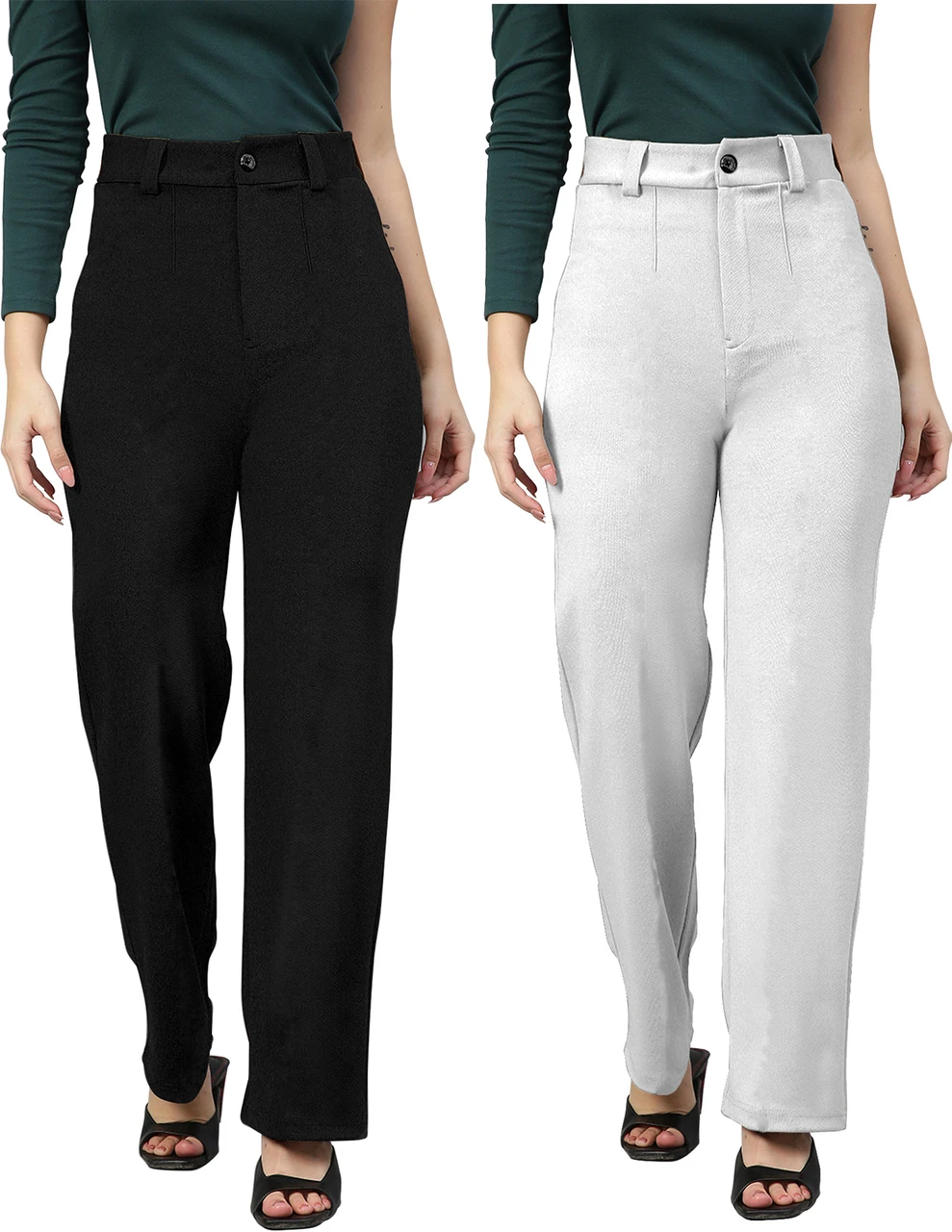 Women Straight Fit Black, White, Brown Cotton Blend Trousers