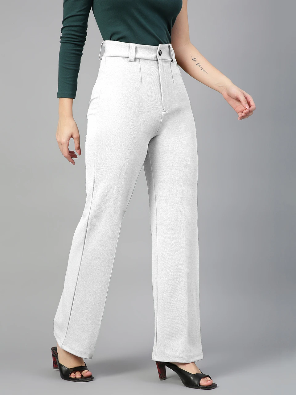 Women Straight Fit Black, White, Brown Cotton Blend Trousers