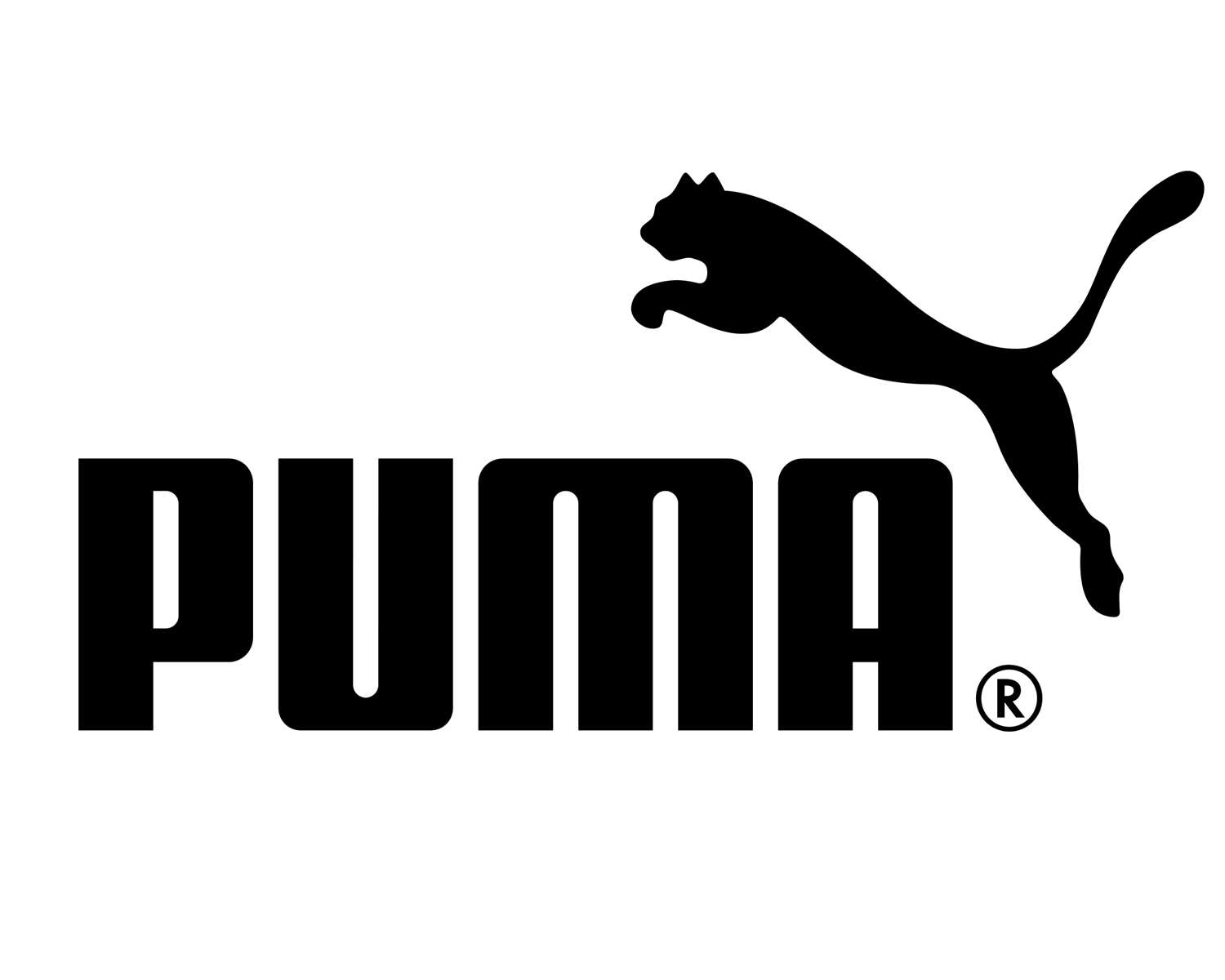 A minimalist, solid white silhouette of a leaping puma or cougar, depicted mid-air and facing left, centered against a solid black background.