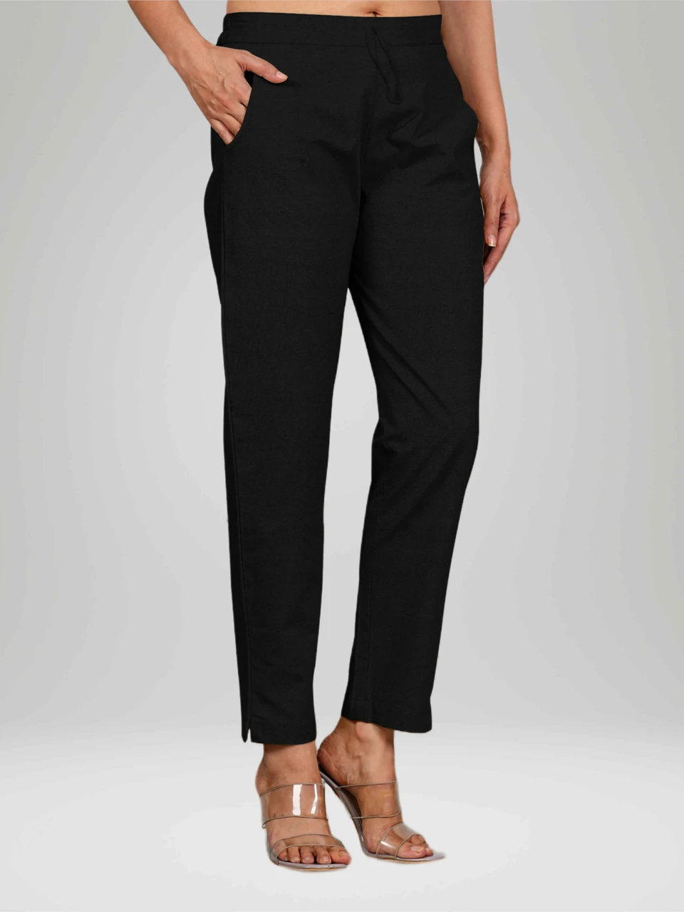 Women Straight Fit Black, White, Brown Cotton Blend Trousers