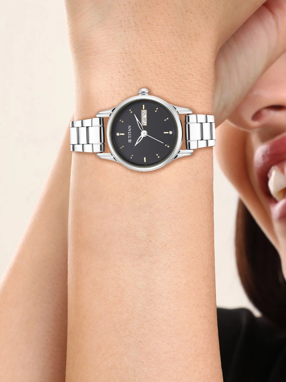 Titan Multifunction Black Dial RoseGold & Black Acetate Strap Analog Watch - For Women