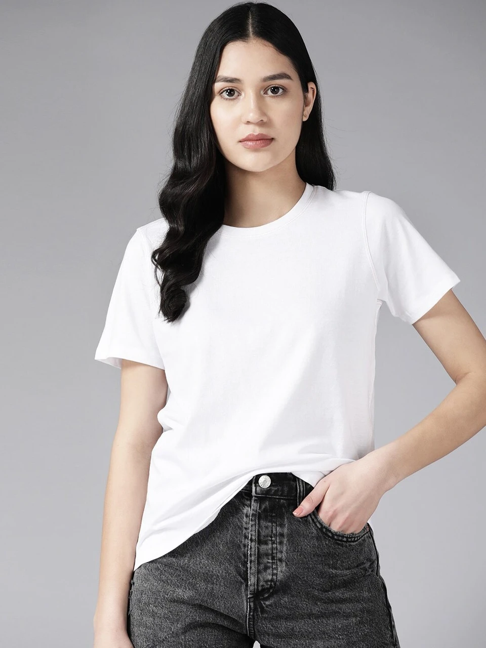 Roadster Women Solid Round Neck Pure Cotton White,Red,Black T-Shirt