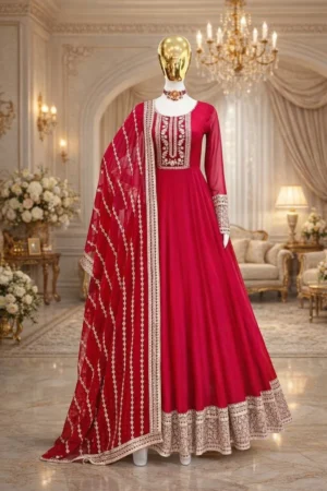 LS STUDIO Embroidered Georgette Stitched Anarkali Gown (Red)
