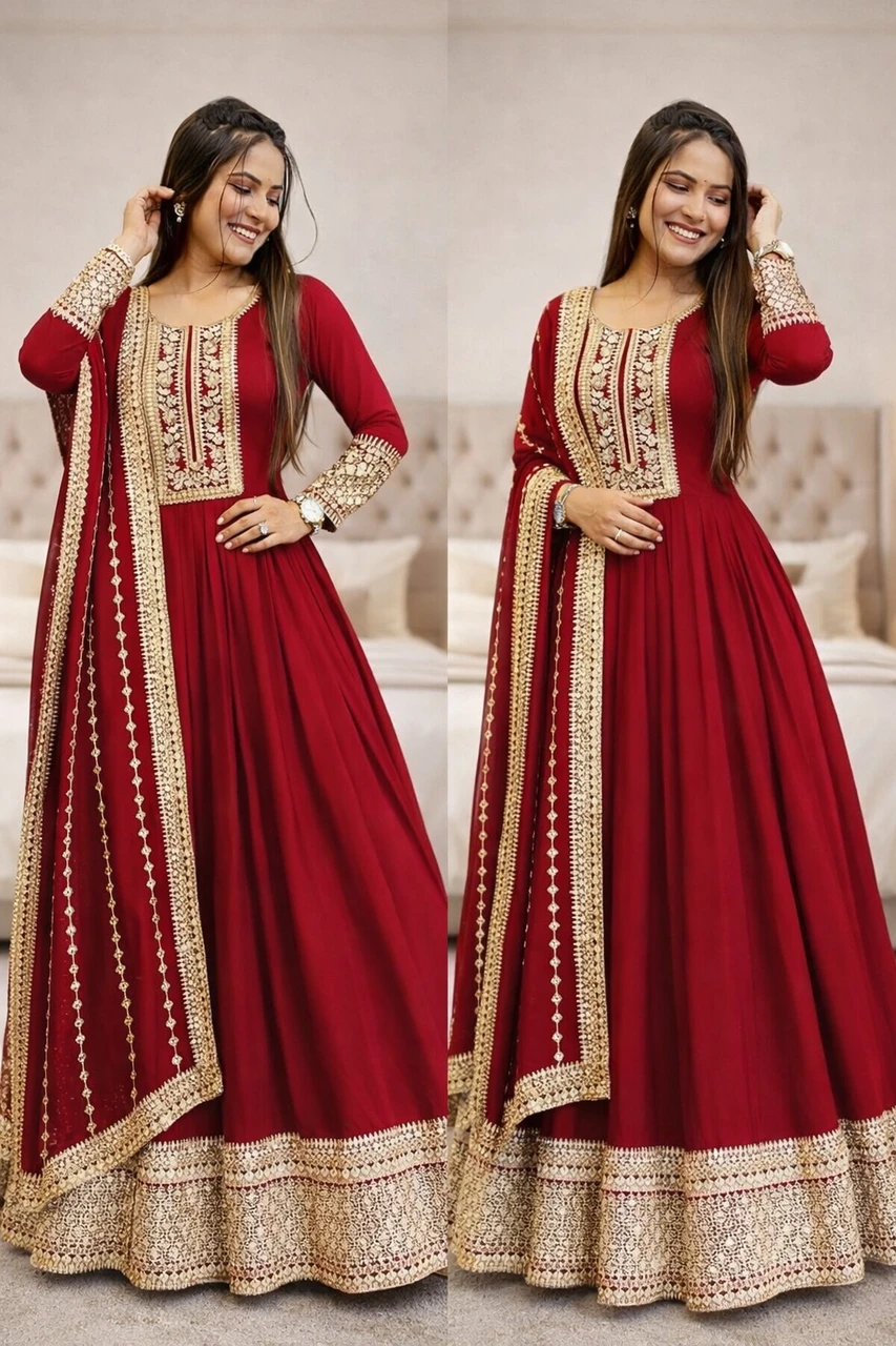 LS STUDIO Embroidered Georgette Stitched Anarkali Gown (Red)