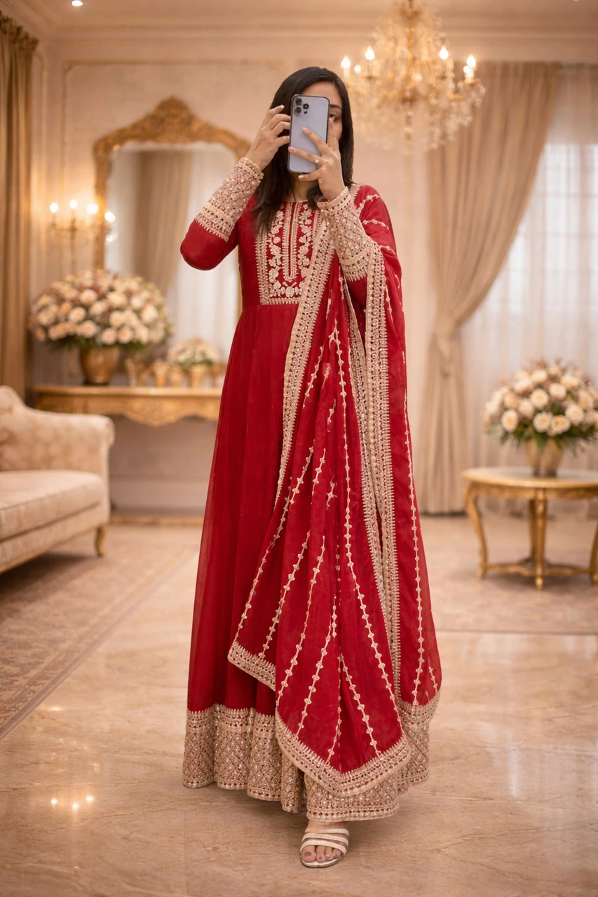 LS STUDIO Embroidered Georgette Stitched Anarkali Gown (Red)